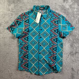 VatPave Men's S Cotton Blend Button Up Shirt Tribal Geometric Blue Collared
